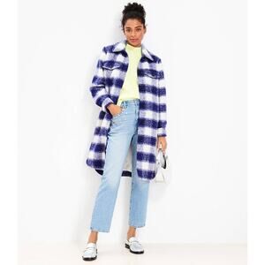 LOFT Blue and White Plaid Fuzzy Long Shacket Jacket Women's Size Large EUC